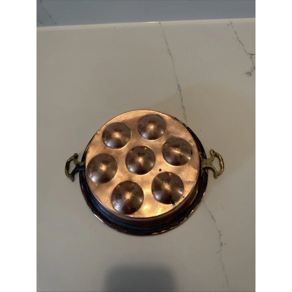 French Style Copper Escargot Pan Tin Lined Round  Brass Handle 8